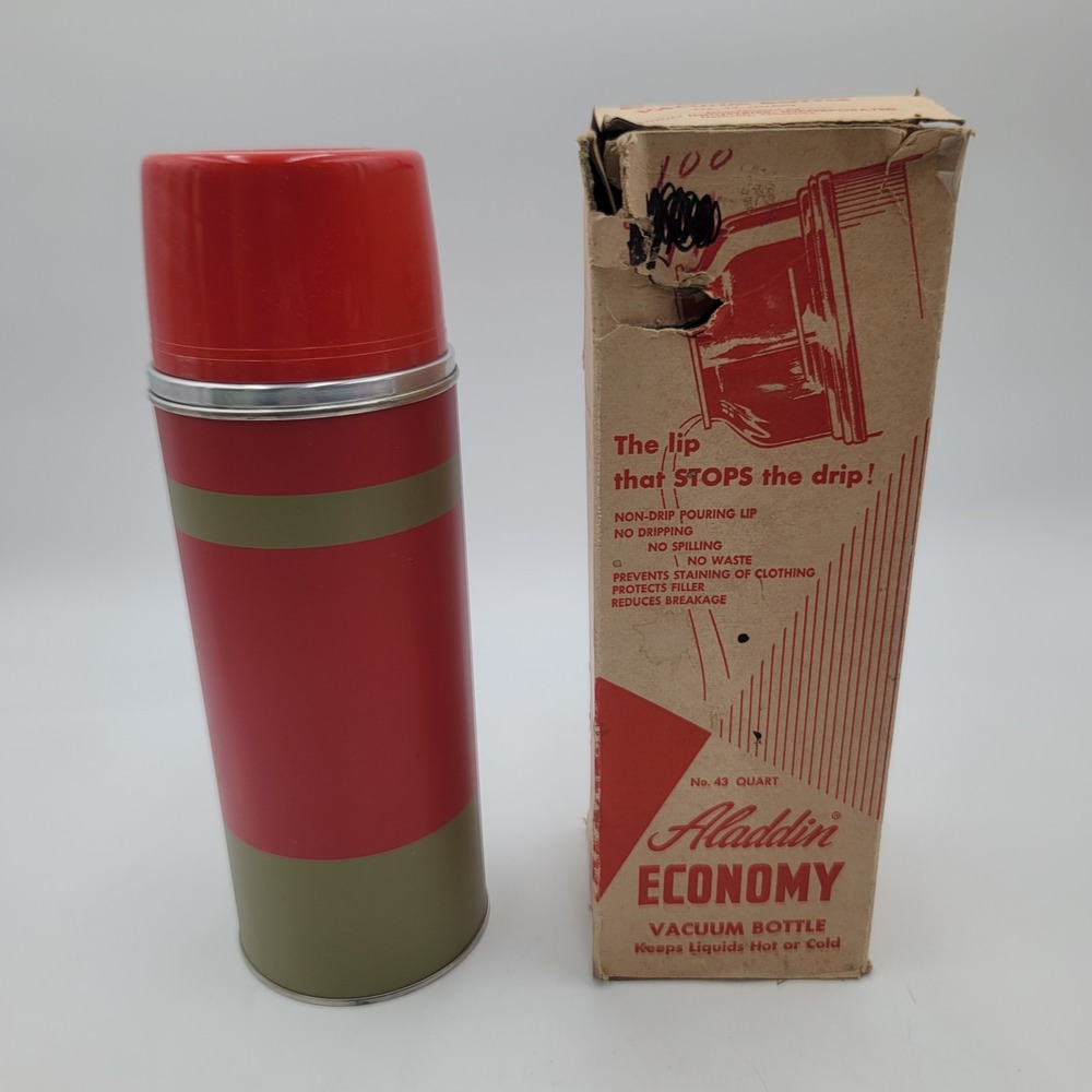 Vintage Aladdin Economy Vacuum Bottle No 43 Red Green 1 Quart Thermos with Box